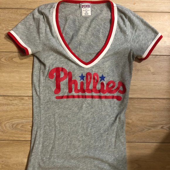 PINK Victoria's Secret Tops - SOLD-Pink Victoria's Secret Gray Phillies baseball V-neck Tee- XS- used